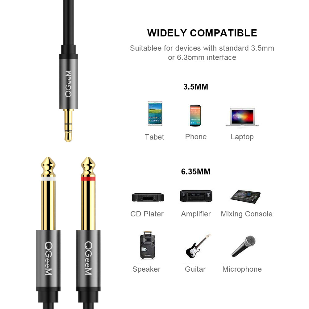 QGeeM 3.5mm to Dual 6.35mm Y Splitter Cable , 1/8 TRS to 1/4 TS Cable for Laptop Mixer Speaker Connection Gray --AU01-A
