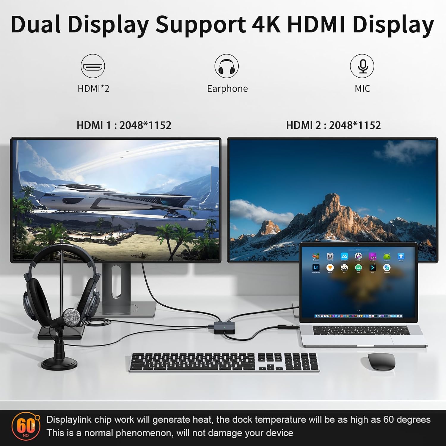 Giq USB 3.0 to Dual HDMI Monitor Adapter 2K@ 60Hz,Universal Video Graphics Card,USB to Hdmi Splitter Extender Monitor for USB 3.0 A or USB-C Hub Dock Compatible with Mac OS,Windows-D6102H