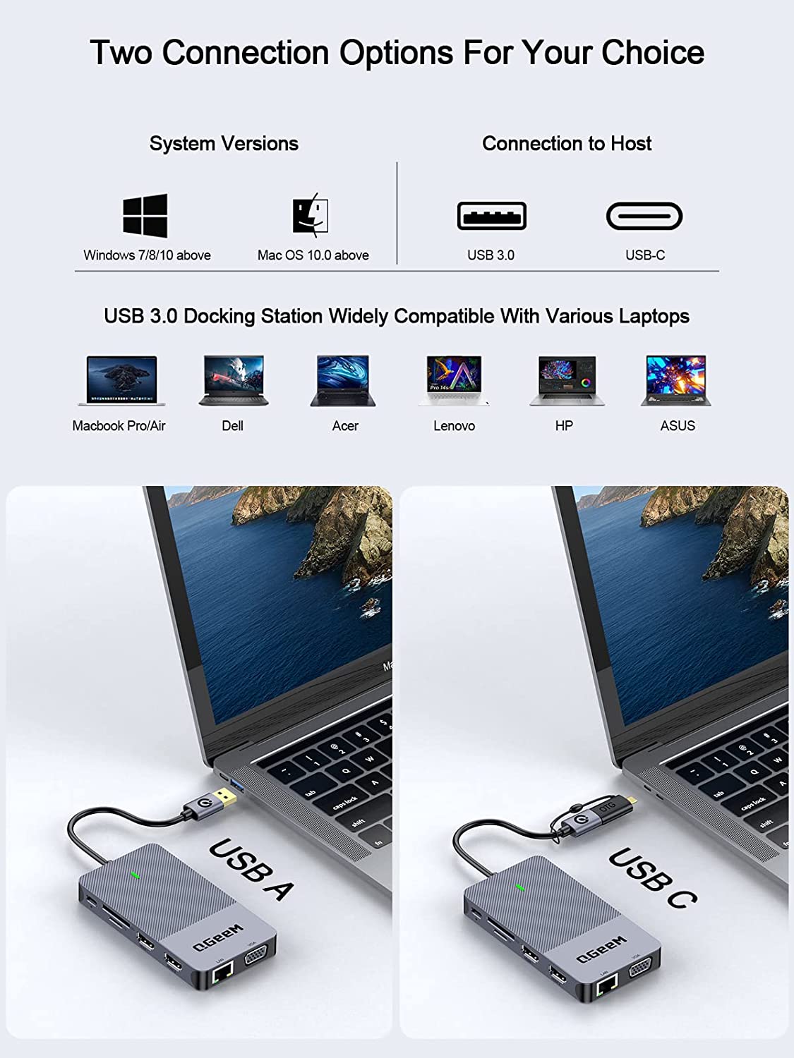 QGeeM 11-in-1 USB C/3.0 Hub with VGA,USB C Laptop Docking Station Compatible with MacBook M1 Dell HP Lenovo-D3908