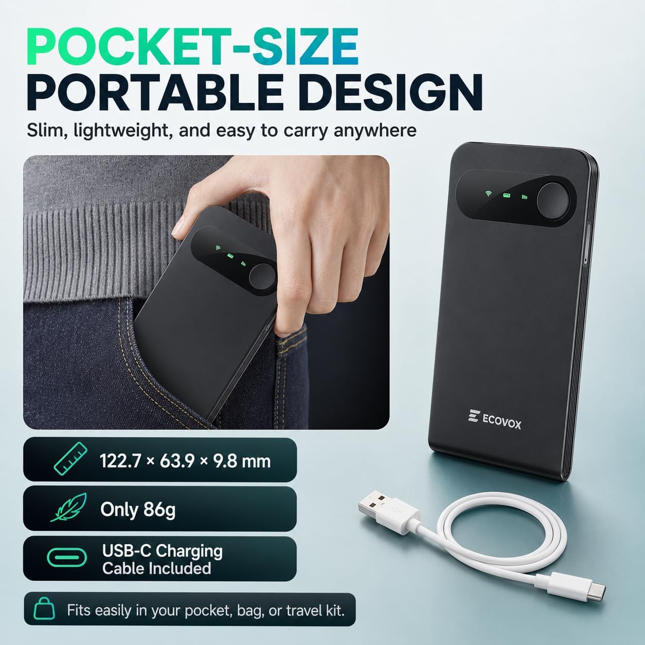 ECOVOX E1 Portable WiFi Hotspot, SIM-Free 4G LTE Mobile Router with Cloud SIM, 3000mAh Travel WiFi Device, Connects Up to 9 Devices, USB-C, WPA2 Security, for Travel and Remote Work-WR0001-A