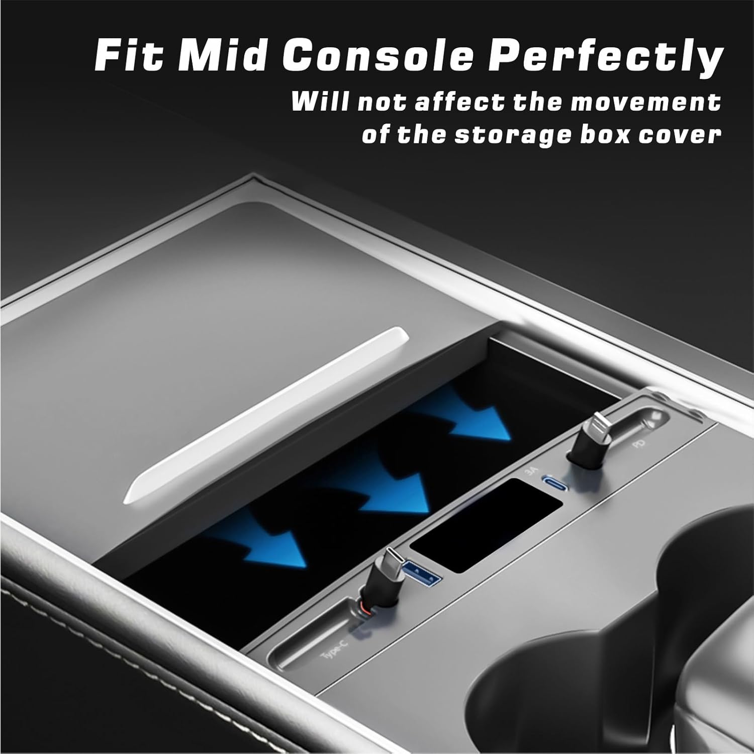 New Upgraded Docking Station with 2 Retractable Charging Cables, Support 27W PD Fast Charging, Car USB Hub Charger Multi Port for 2021 2022 2023 Tesla Model 3/Y, LED Lighting (PD+Type C)