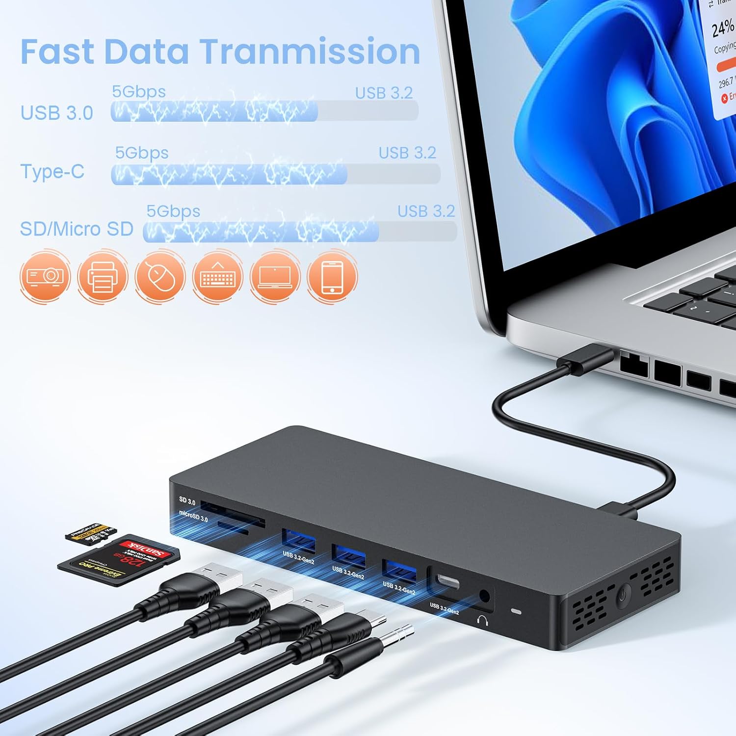 13 in 1 USB C Docking Station Triple Displays with Dual HDMI+DisplayPort with Power Adapter,for Windows and Mac OS-HD1306