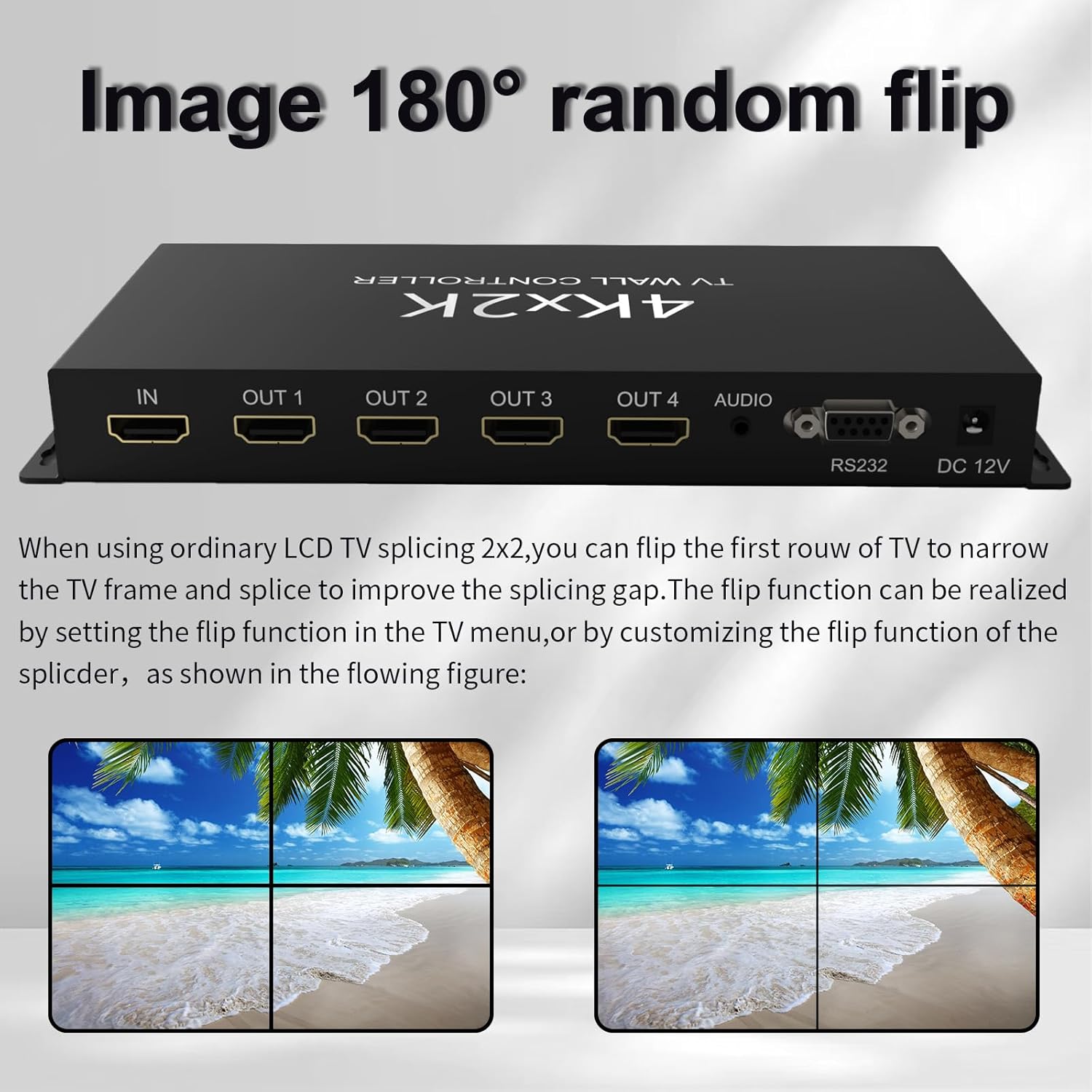 HDMl Video Wall Controller 2x2 4K@30Hz,Video Wall Processor with 11 Splicing Modes, RS232, 180°Rotate, Audio Extractor, 2x2,1x2,1x3,1x4,2x1,3x1x4x1, 1 HDMI Input and 4 HDMI Outputs