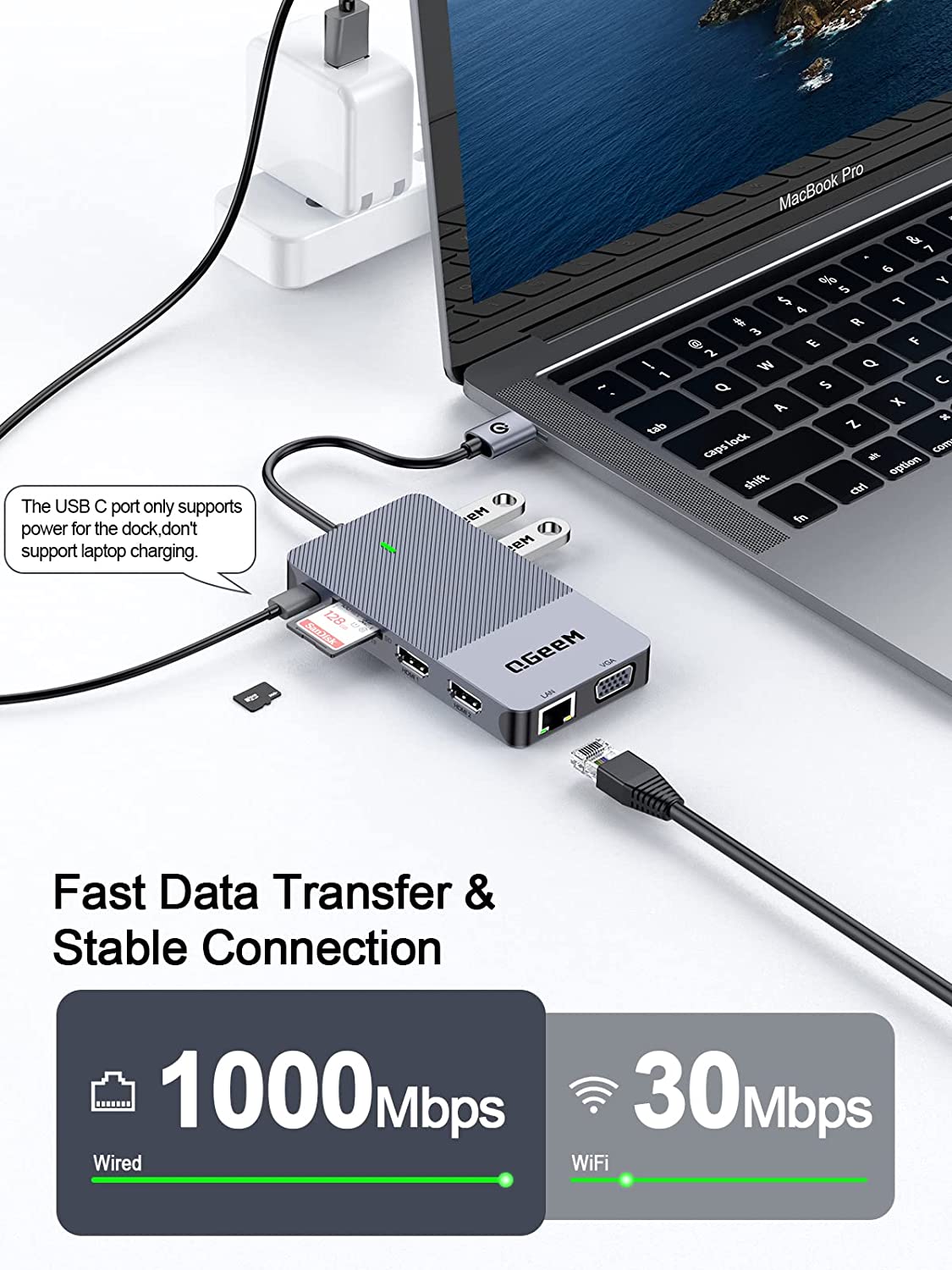 QGeeM 11-in-1 USB C/3.0 Hub with VGA,USB C Laptop Docking Station Compatible with MacBook M1 Dell HP Lenovo-D3908