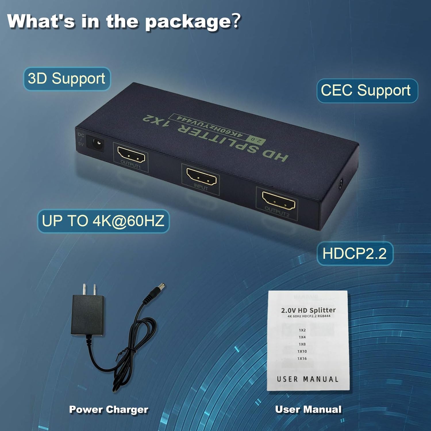 HD Splitter 1 in 2(1x4,1x8) Out,up to 4K @ 60Hz 4:4:4 HDMI Splitter,Multi Resolution Output,HDMI 2.0& HDCP 2.2,EDID Control,3D CEC Support,18 Gbps, Easy Plug and Play-EX52-A-0-BK(XHV102)