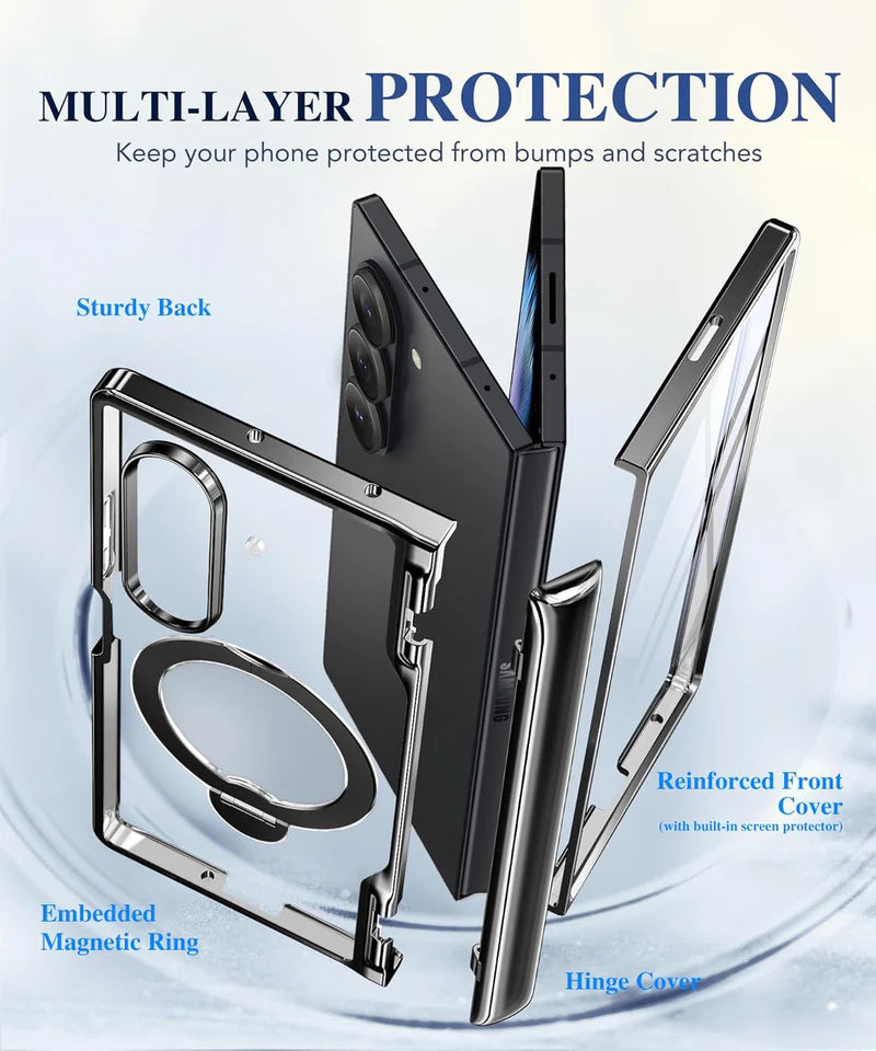Magsafe Compatible Armor Hard Slim Case for Samsung Galaxy Z Fold 7, MOBOSI 360 Spin Magnetic Stand with Ring Kickstand, MIL-Grade Hinge Protection, Black