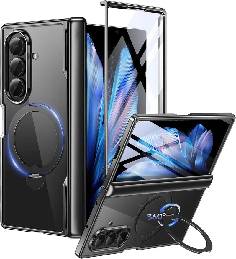 Magsafe Compatible Armor Hard Slim Case for Samsung Galaxy Z Fold 7, MOBOSI 360 Spin Magnetic Stand with Ring Kickstand, MIL-Grade Hinge Protection, Black
