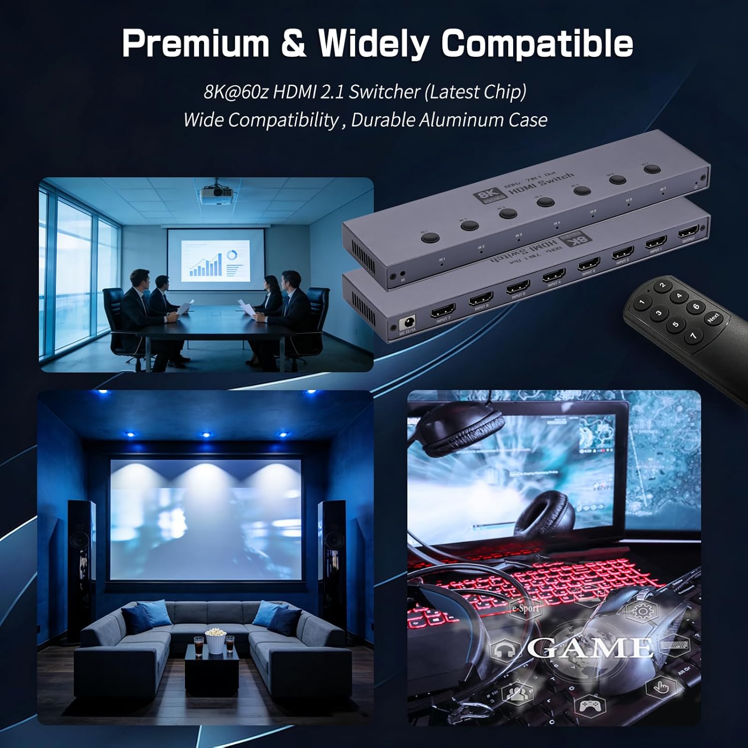 8K HDMI 2.1 Switch, HDMI 2.1 Switcher 7 In 1 Out Supports CEC 8K@60Hz, 4K@240Hz, 1080P@480Hz HDCP 2.3 HDR Dolby Atmos VRR Compatible with PS5 Xbox Blu-Ray Player with IR remote controller-EX41-A-0-BK