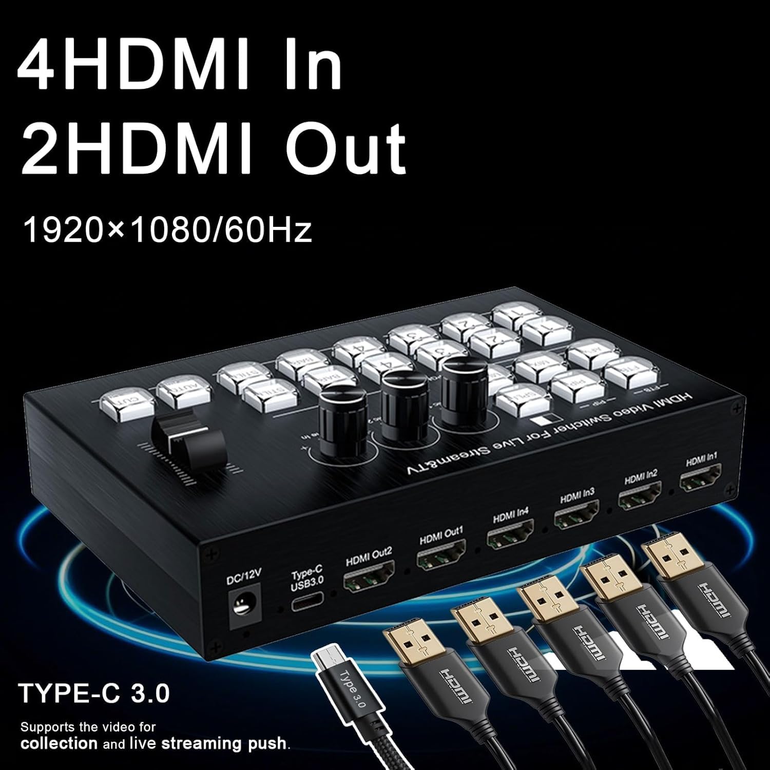 4 Channels SDI/HDMI Video switcher for Live Streaming Support HD Embedded Audio and External Analog Audio, Video switcher for Live Streaming 4 in 2 Out HDMI Video switcher