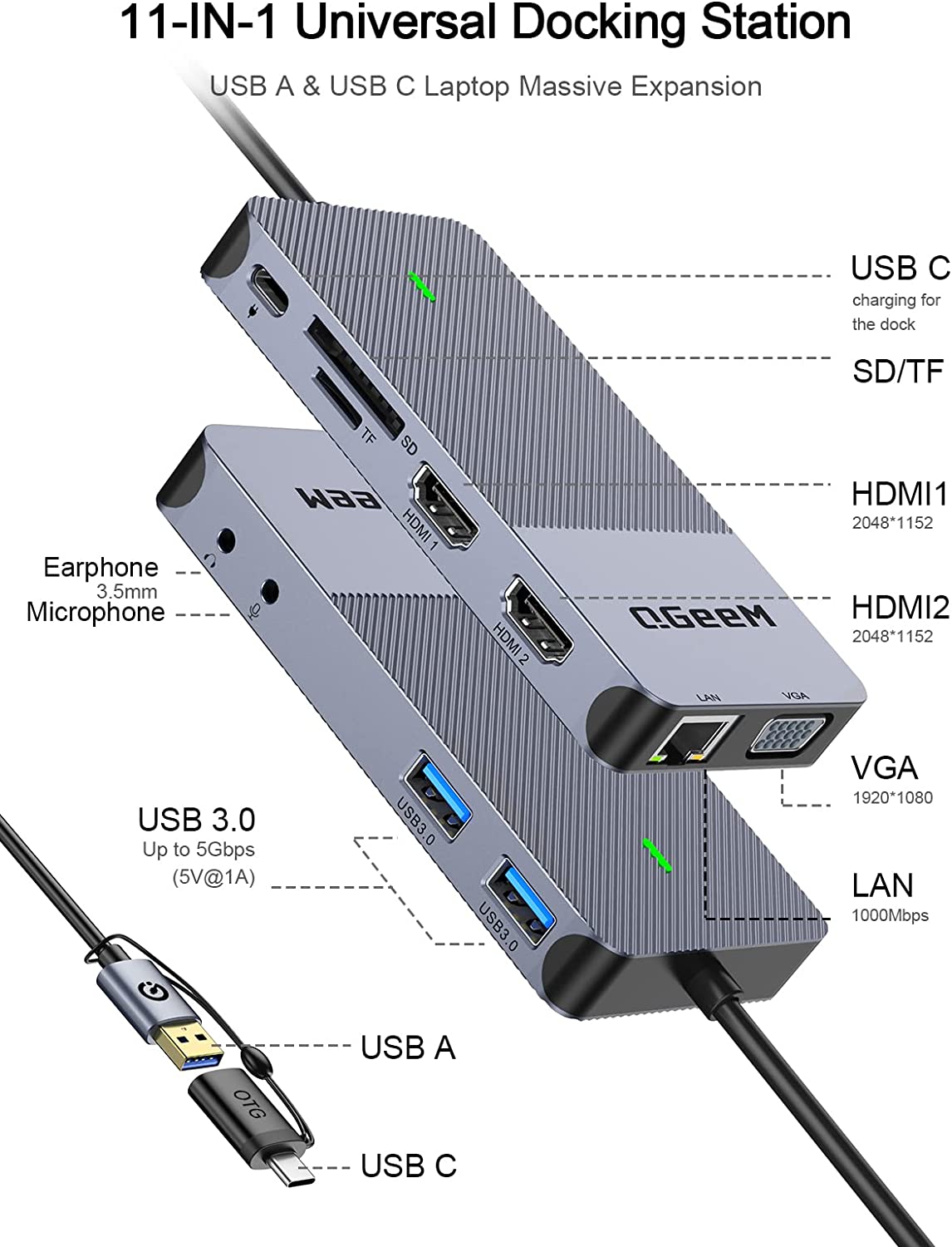 QGeeM 11-in-1 USB C/3.0 Hub with VGA,USB C Laptop Docking Station Compatible with MacBook M1 Dell HP Lenovo-D3908