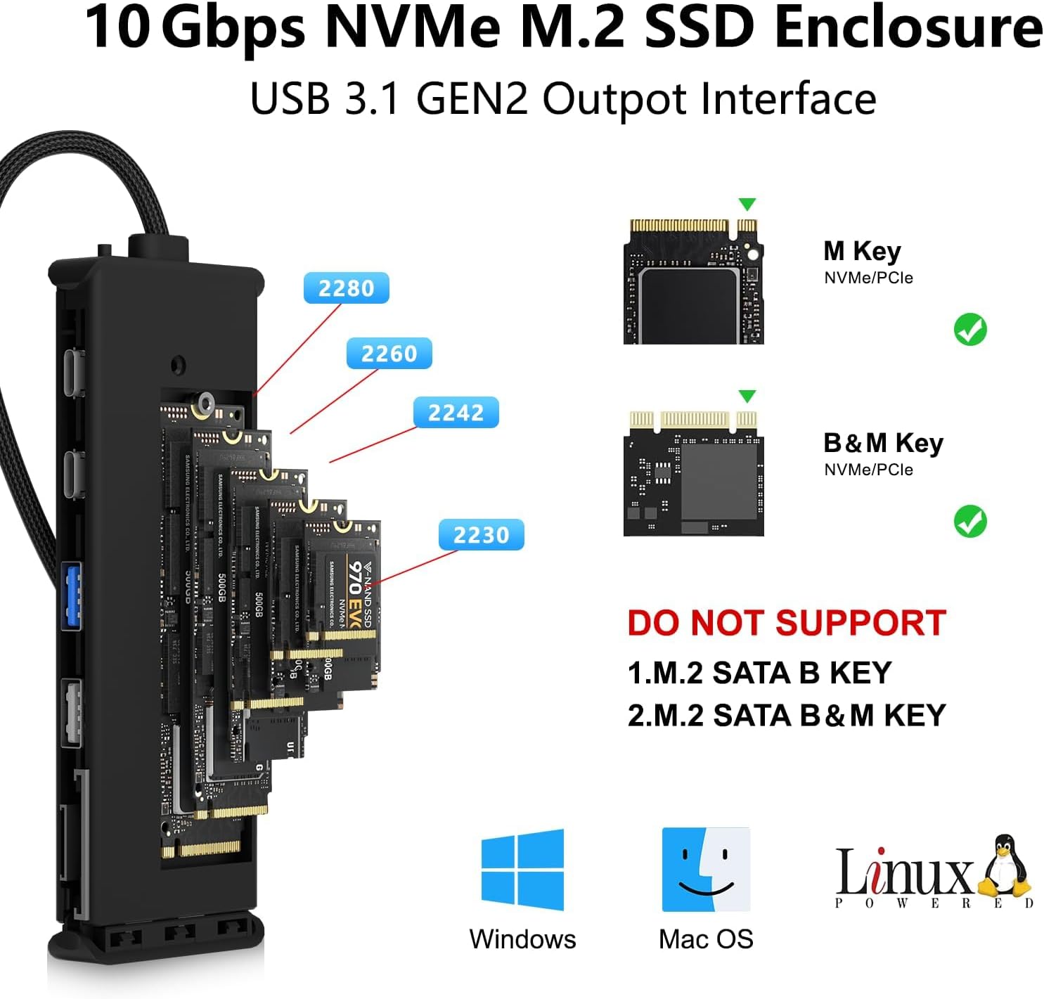 7-in-1 type C Hub with M.2 NVMe SSD Enclosure, 10Gbps USB-C/3.1 Gen2, 100W PD, USB 2.0, PCIe 3.0 Support for MacBook Pro & Type-C Devices-UH07-001