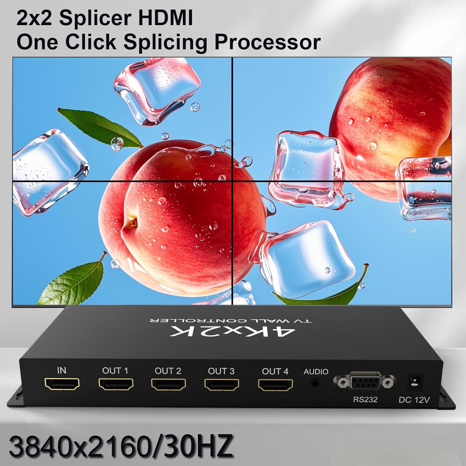 HDMl Video Wall Controller 2x2 4K@30Hz,Video Wall Processor with 11 Splicing Modes, RS232, 180°Rotate, Audio Extractor, 2x2,1x2,1x3,1x4,2x1,3x1x4x1, 1 HDMI Input and 4 HDMI Outputs
