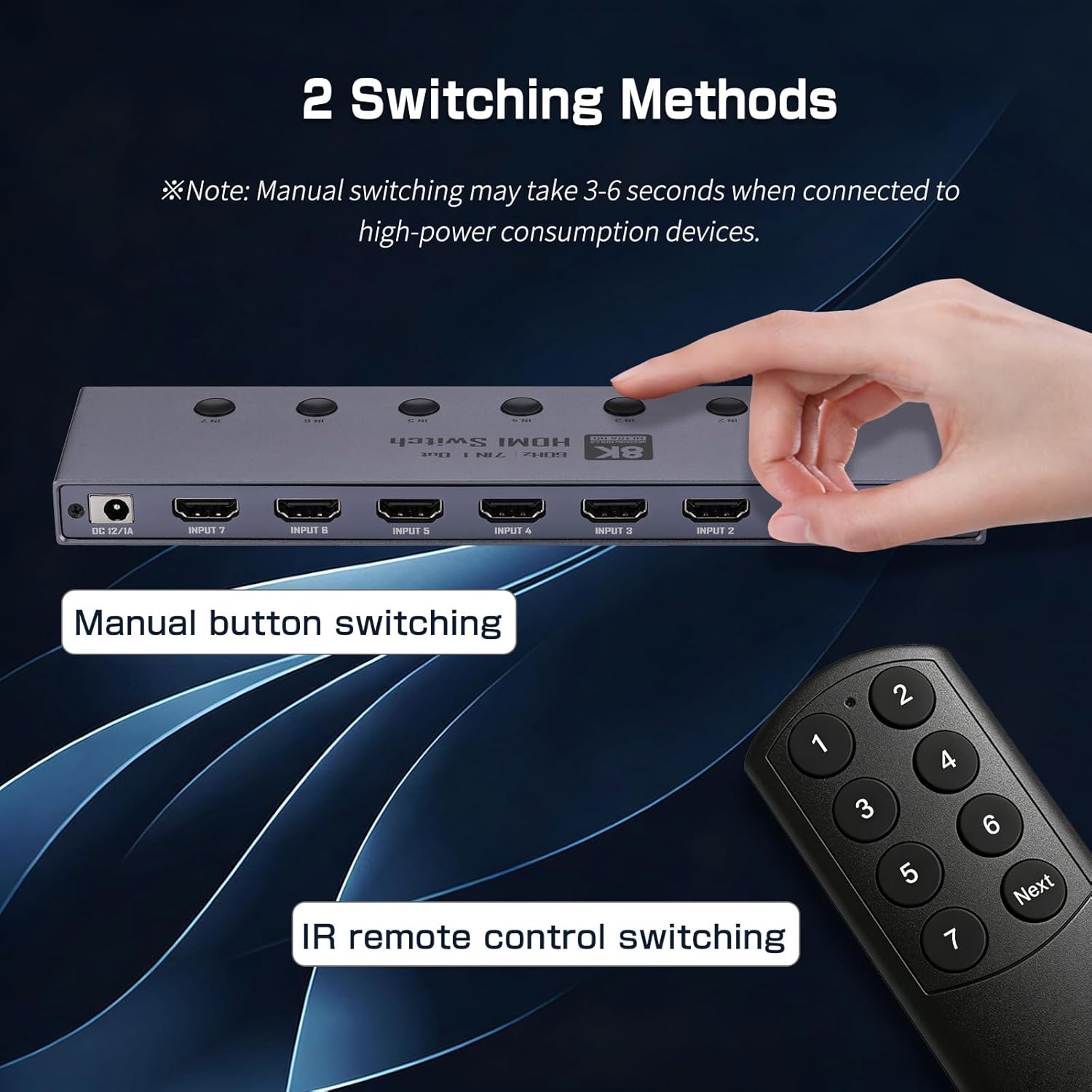 8K HDMI 2.1 Switch, HDMI 2.1 Switcher 7 In 1 Out Supports CEC 8K@60Hz, 4K@240Hz, 1080P@480Hz HDCP 2.3 HDR Dolby Atmos VRR Compatible with PS5 Xbox Blu-Ray Player with IR remote controller-EX41-A-0-BK