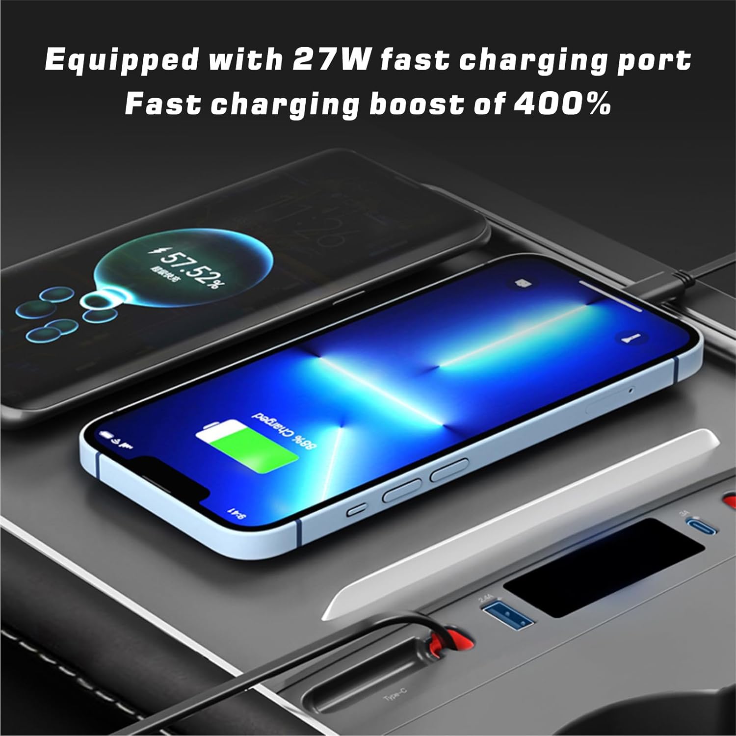 New Upgraded Docking Station with 2 Retractable Charging Cables, Support 27W PD Fast Charging, Car USB Hub Charger Multi Port for 2021 2022 2023 Tesla Model 3/Y, LED Lighting (PD+Type C)