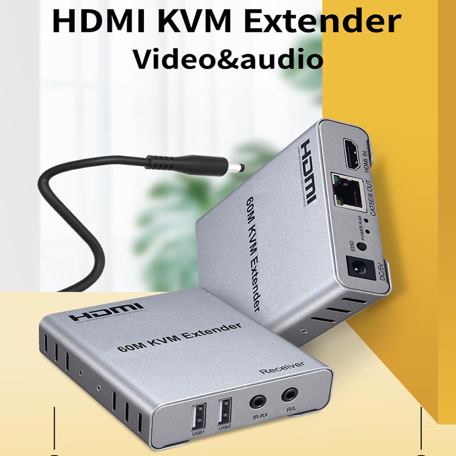 196FT(60m) HDMI KVM USB Extender with Loop Out and IR Control, HDMI KVM Extender Kit Balun 1080P 60Hz Over Cat5e/6 Ethernet Cable for USB Keyboard Mouse (TX and RX)-EX05-A-60-SY