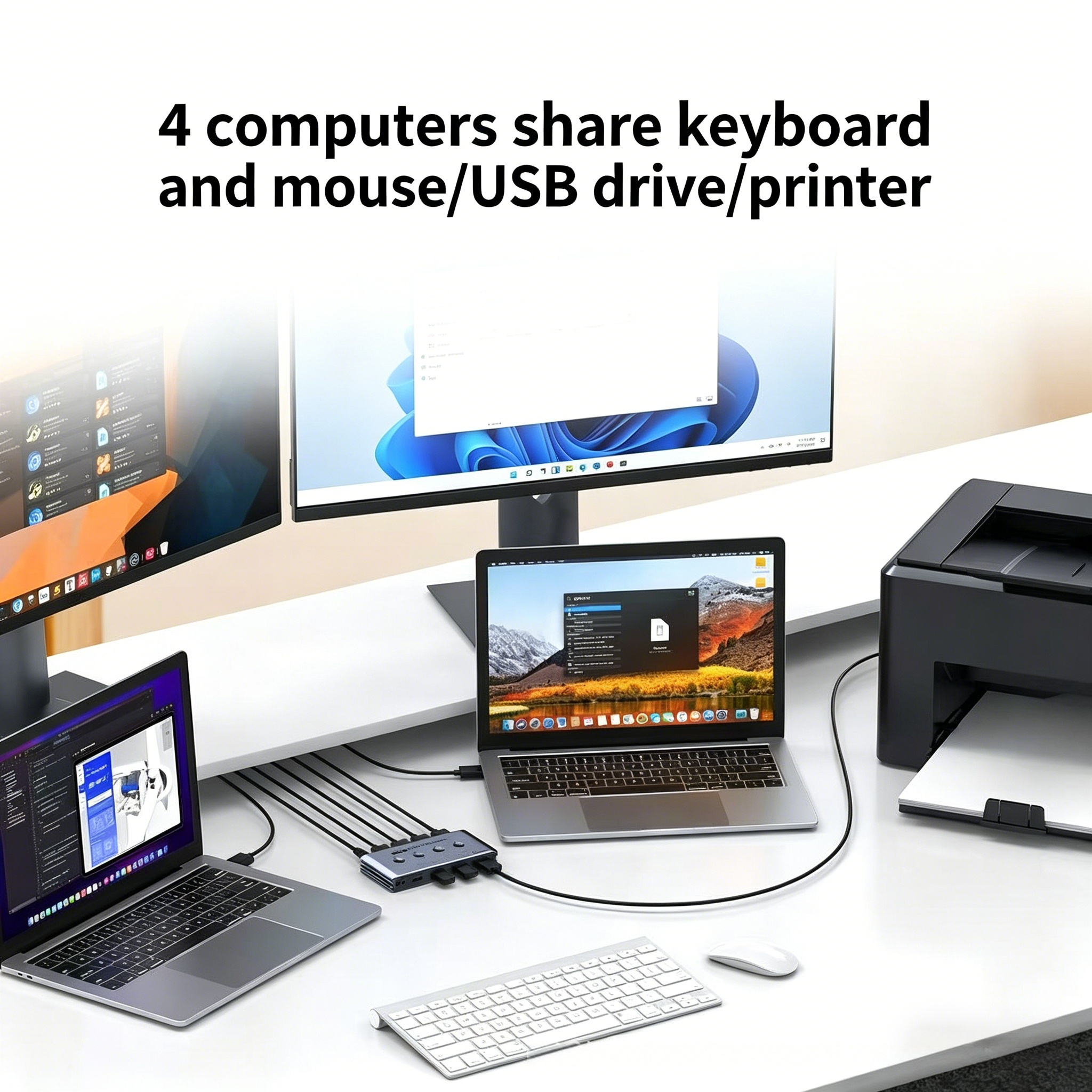 4x4 USB 3.2 Switcher Selector for 4 Computers, USB C A 10Gbps Inputs, Share Keyboard Mouse Printer Scanner, with Cable, Remote Control and Adapter-EX40-A-1-BK