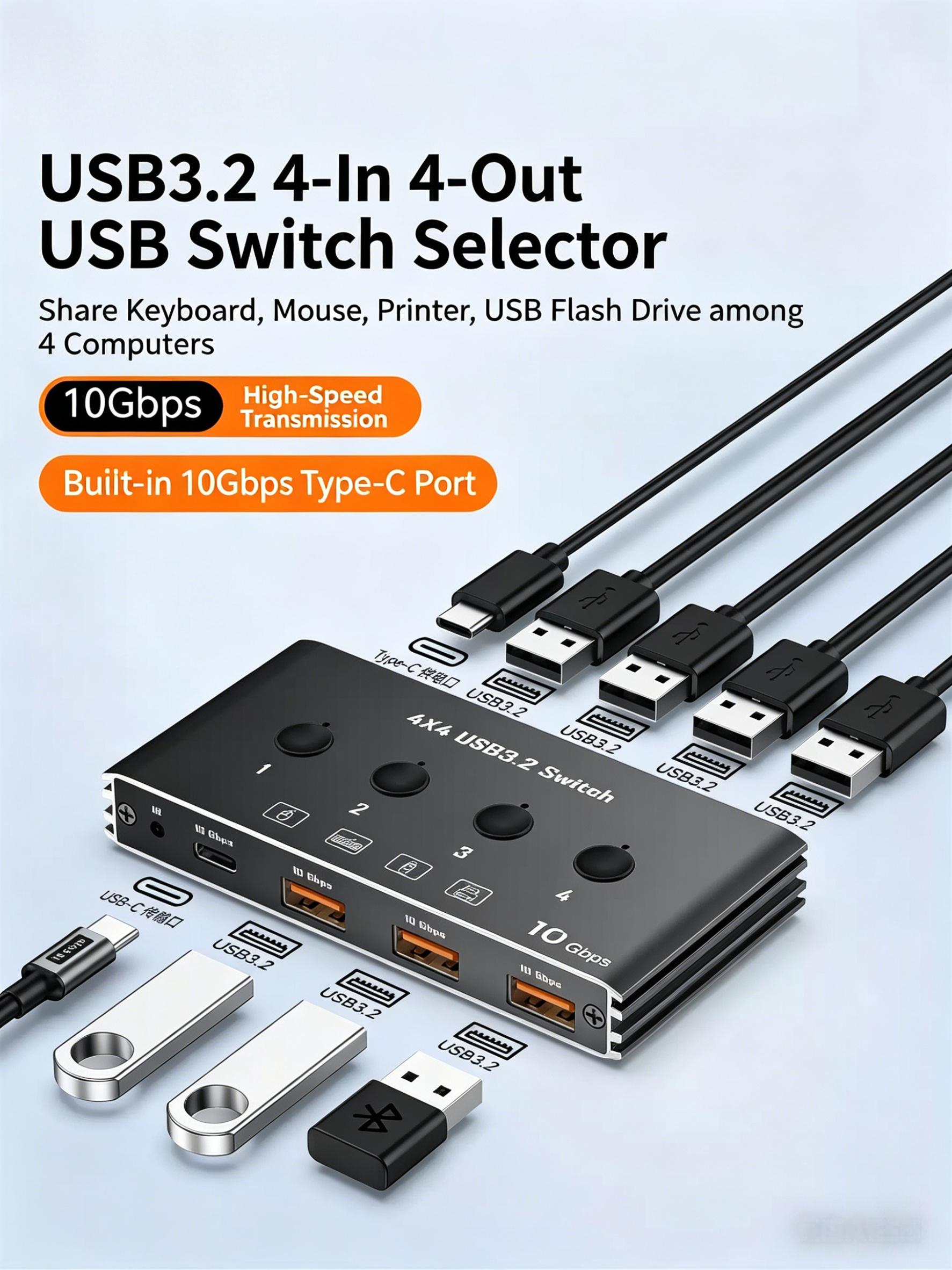 4x4 USB 3.2 Switcher Selector for 4 Computers, USB C A 10Gbps Inputs, Share Keyboard Mouse Printer Scanner, with Cable, Remote Control and Adapter-EX40-A-1-BK