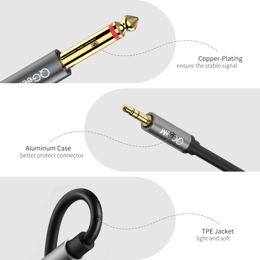QGeeM 3.5mm to Dual 6.35mm Y Splitter Cable , 1/8 TRS to 1/4 TS Cable for Laptop Mixer Speaker Connection Gray --AU01-A
