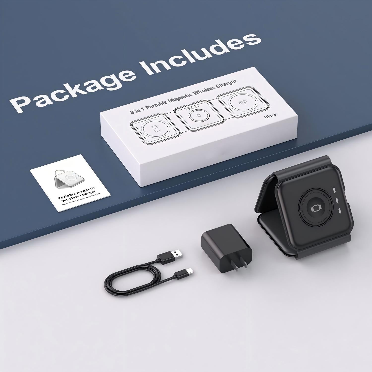 Wireless Charger 3 in 1,RTOPS Magnetic Travel Wireless Charging Station Multiple Devices,GaN 3 in 1 Charging Station,Compatible for iPhone16/15/14/13/12/Pro/Max,iWatch,AirPods 3/2/Pro(Adapter Includes)