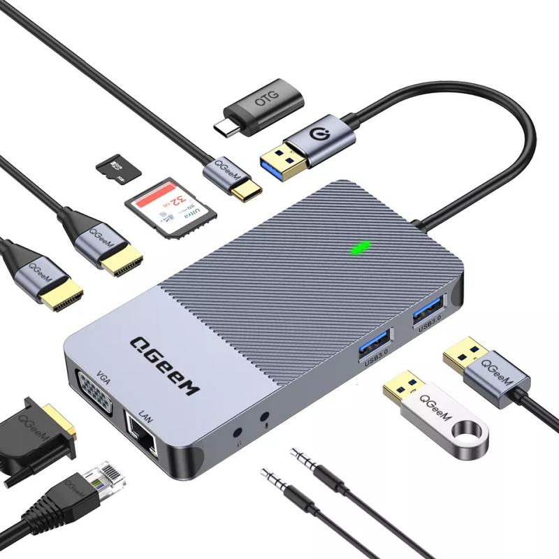 QGeeM 11-in-1 USB C/3.0 Hub with VGA,USB C Laptop Docking Station Compatible with MacBook M1 Dell HP Lenovo-D3908