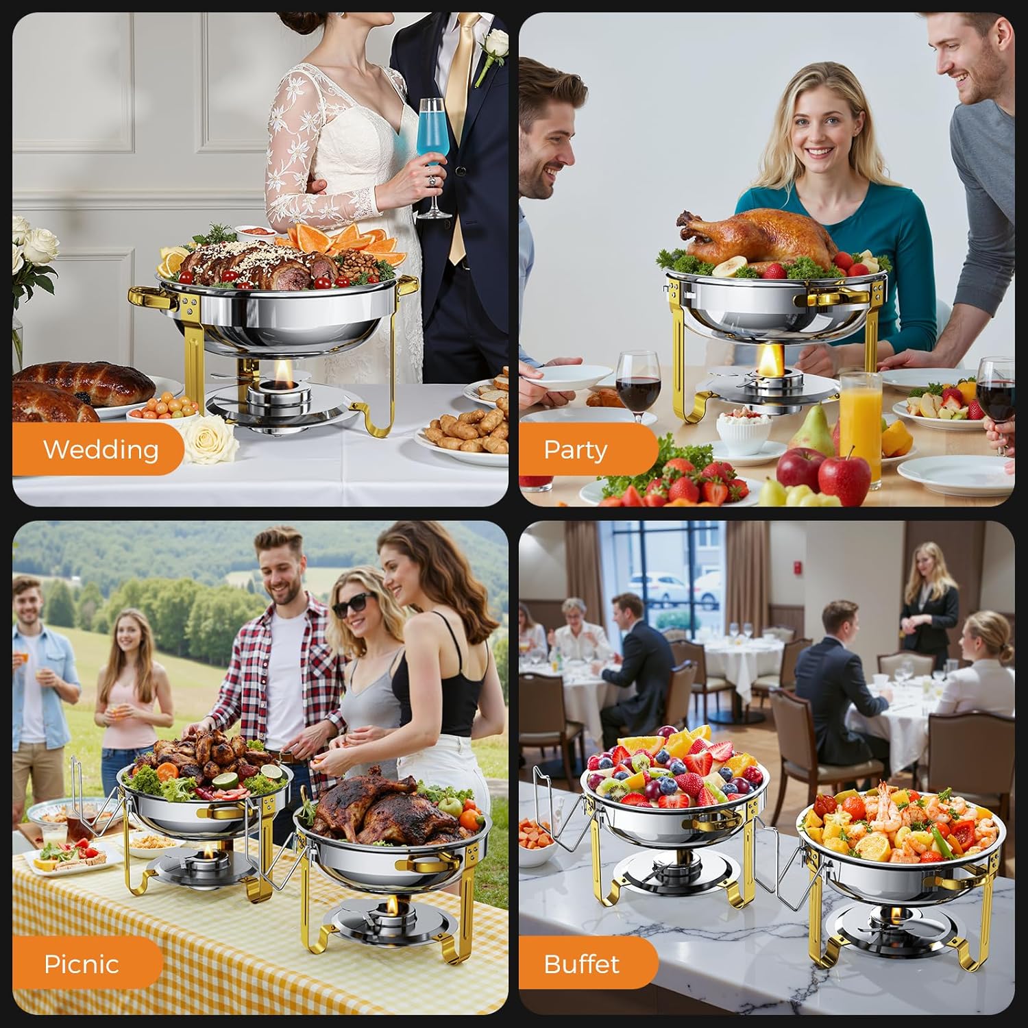 Chafing Dishes for Buffet 4 Pack,5QT Food Warmers for Parties Buffet,Stainless Steel Round Chafers and Buffet Warmers Sets for Home,Gatherings,Birthday,Parties,Church Events,Catering Events