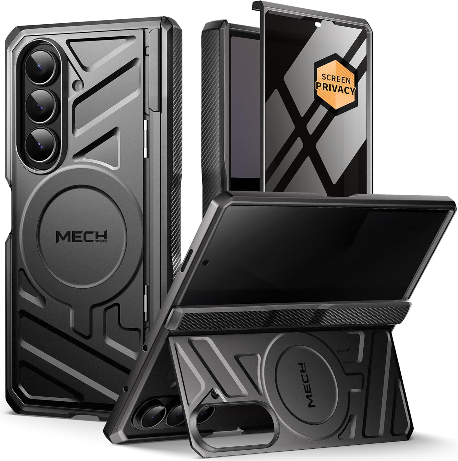 MOBOSI Anti-Spy Z7 Phone Case with Built-in Stand, Belt Clip & Hinge Cover, MagSafe Compatible Cover with Privacy Screen Protector for Samsung Galaxy Z Fold 7 2025, Black Privacy Film