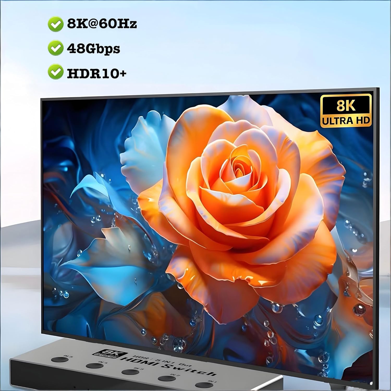 8K60Hz HDMI Switch 5 in 1 Out, Support 8K@60Hz 4K@120Hz 1080P @240Hz, HDR10, VRR, HDCP 2.3, Dolby Atmos, DTS X, CEC, Compatible with PS5/4, Xbox, Nintendo Switch, Roku, Apple TV