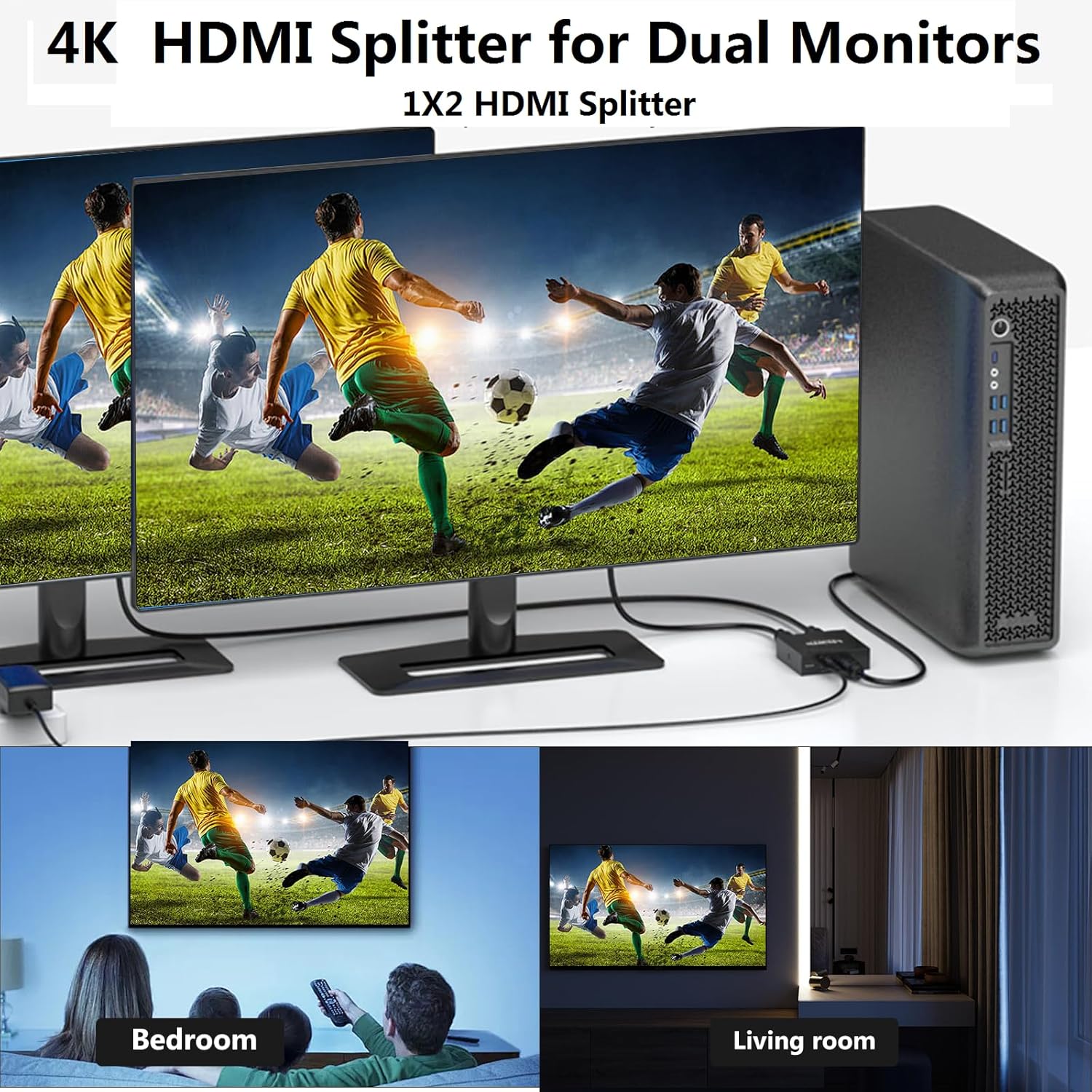4K 1x2 HDMI Splitter1 in 2 Out, 2 Port Powered hdmi Splitters 4K@30Hz Dual Monitors Duplicate/Mirror (Not Extend) for PS4 /HDTV/Projector-HDXH2