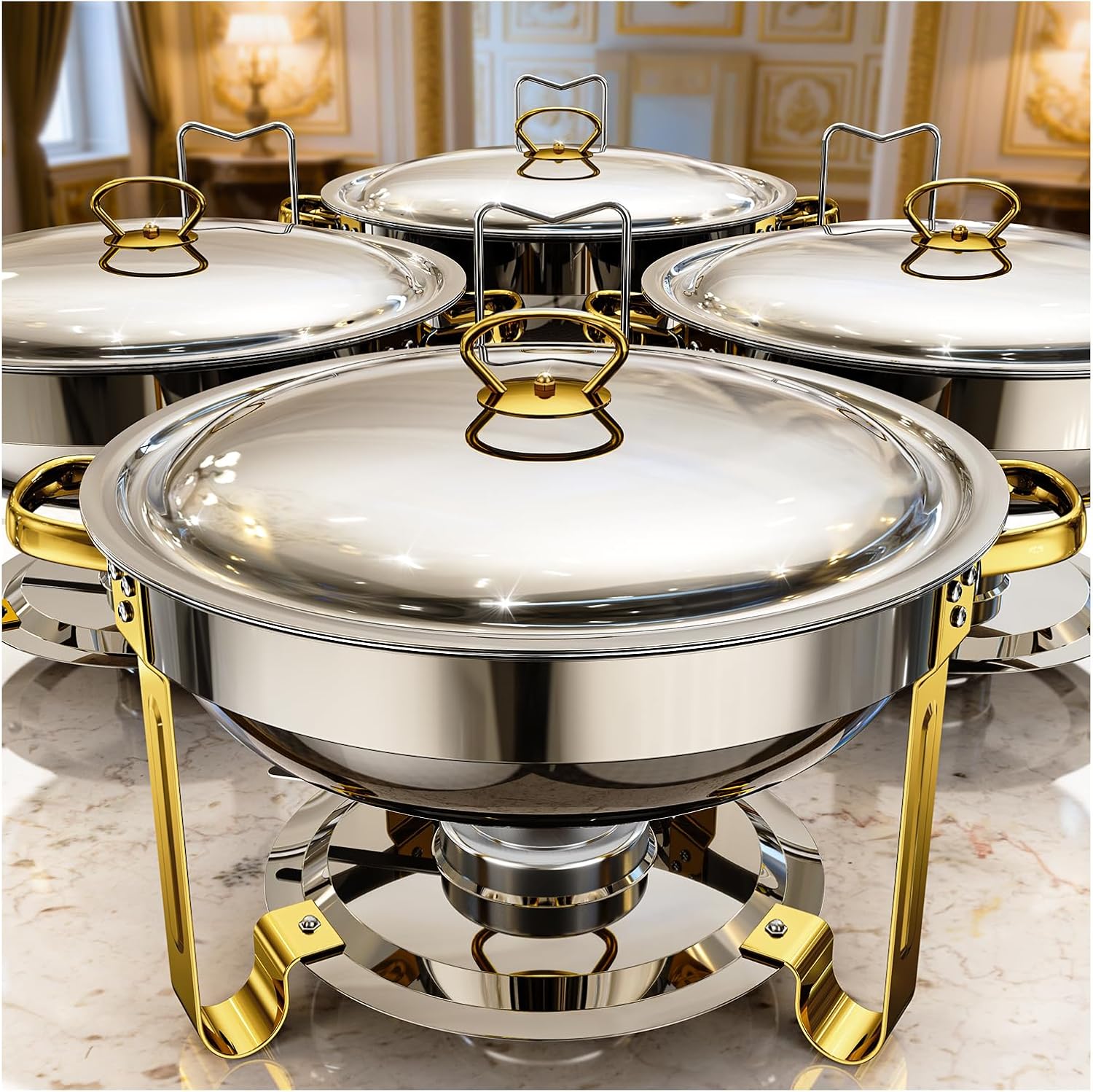 Chafing Dishes for Buffet 4 Pack,5QT Food Warmers for Parties Buffet,Stainless Steel Round Chafers and Buffet Warmers Sets for Home,Gatherings,Birthday,Parties,Church Events,Catering Events