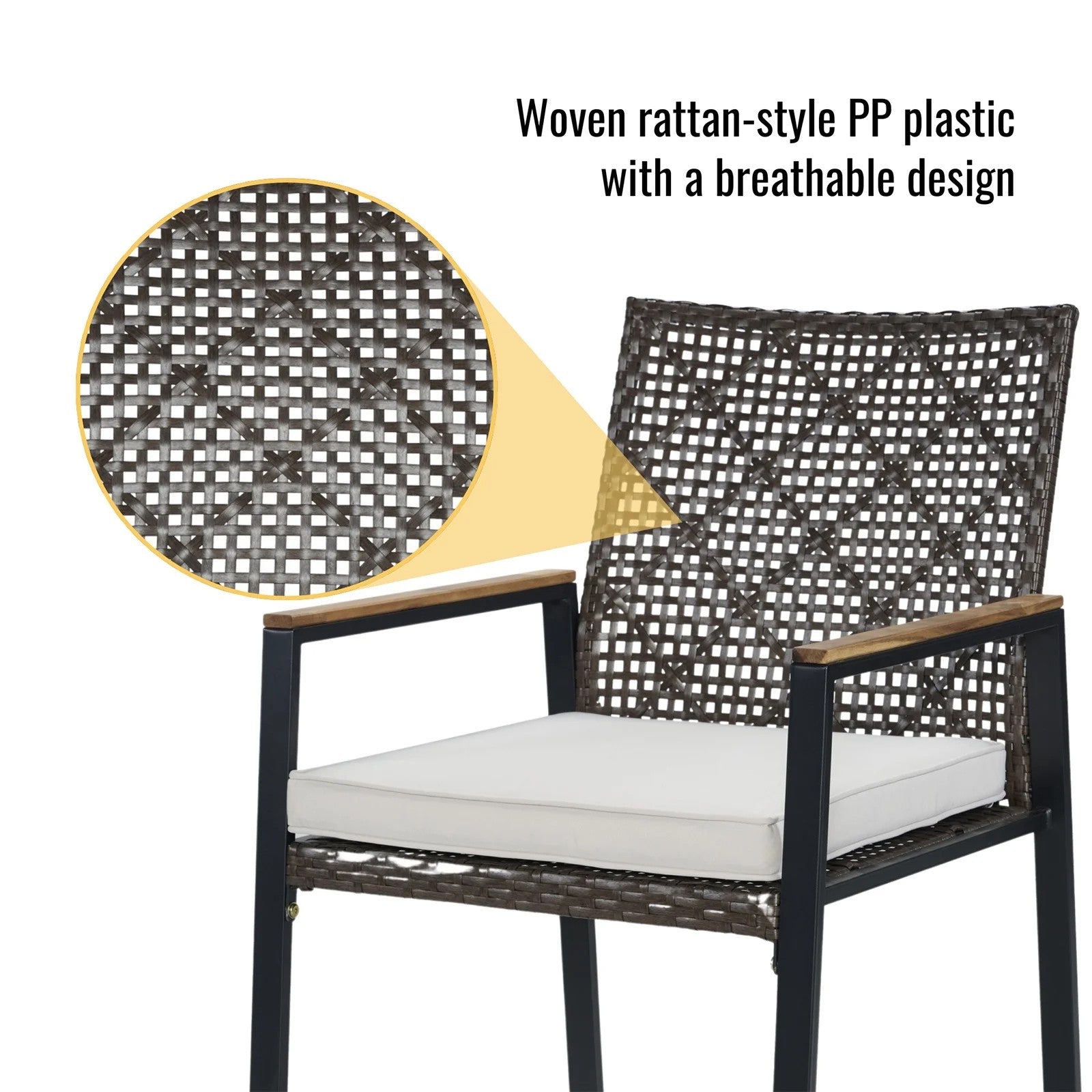 5 Piece Patio Dining Table Set, All Weather Outdoor Conversation Furniture, 4 Wicker Chairs with Cushions, Acacia Wood Square Table Top with Umbrella Hole, for Garden Backyard, Brown