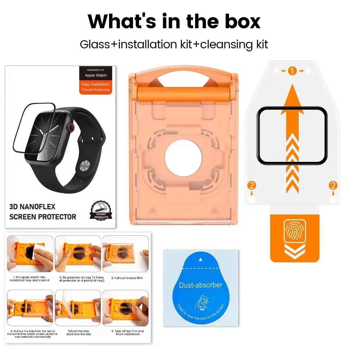 Suitable for Apple Watch Series 6 / 5 / 4 / SE 44mm 2-piece package. Dust-proof and dust-proof protective film kit with anti-drop and anti-dirt feature. Screen-printed tempered film (transparent + black border)
