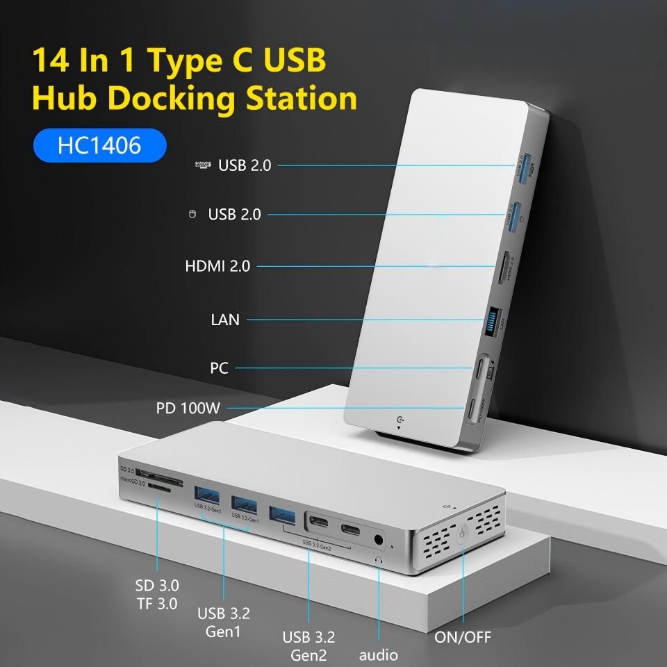 14 in 1 Type C Hub Docking Station with 4K 60Hz HDMI 1000M RJ45 Adapter 10Gbps USB 3.2 Hub SD TF Reader 3.5mm Audio PD100W Compatible with Laptop-HC1406