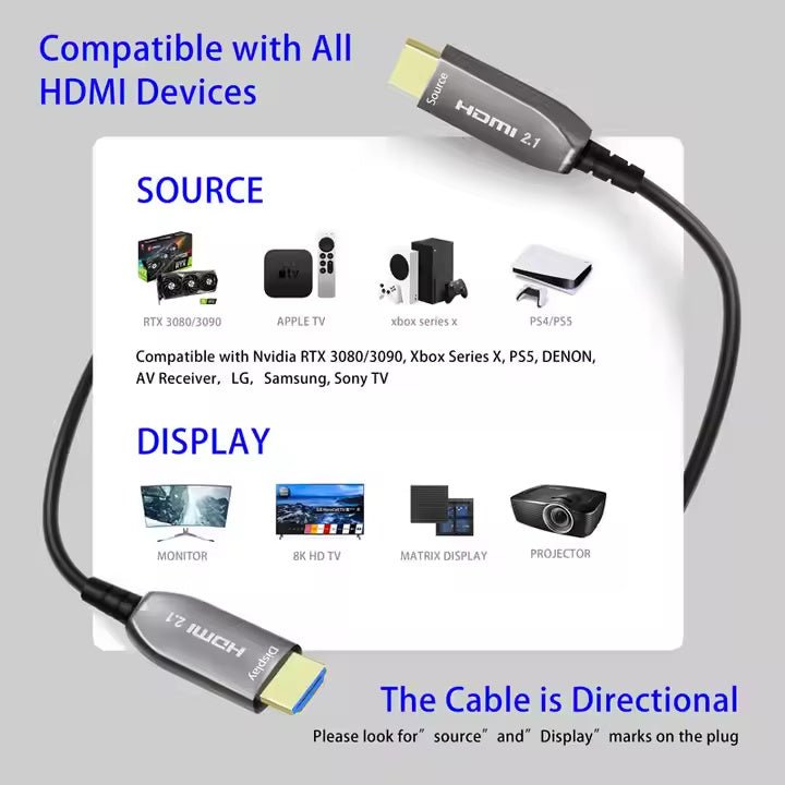 8K@60Hz HDMI 2.1 Fiber Optic Cable - 48Gbps Ultra High - Speed, Gold - Plated, Braided Shielding for PS5/Xbox/Projectors - QGeeM