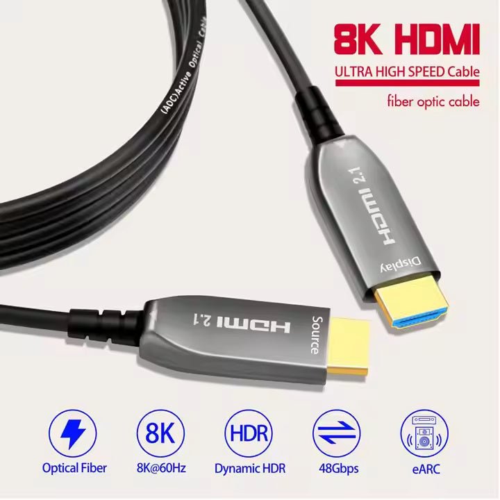 8K@60Hz HDMI 2.1 Fiber Optic Cable - 48Gbps Ultra High - Speed, Gold - Plated, Braided Shielding for PS5/Xbox/Projectors - QGeeM