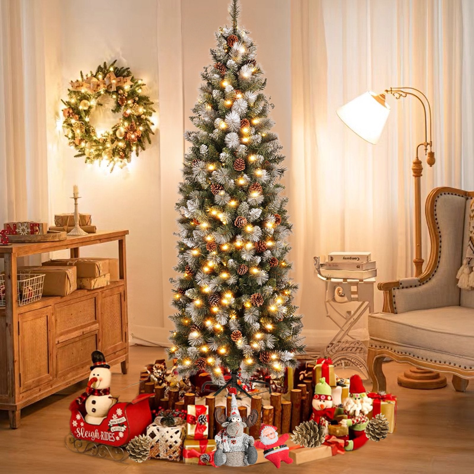 Pre-lit Christmas Tree with 250 Warm LED Lights, iCapeson 6ft Pencil Artificial with Partially Flocked & Frosted Slim Holiday Tree Decoration, 37 Pine Cones, 595 Branch Tips, Metal Stand