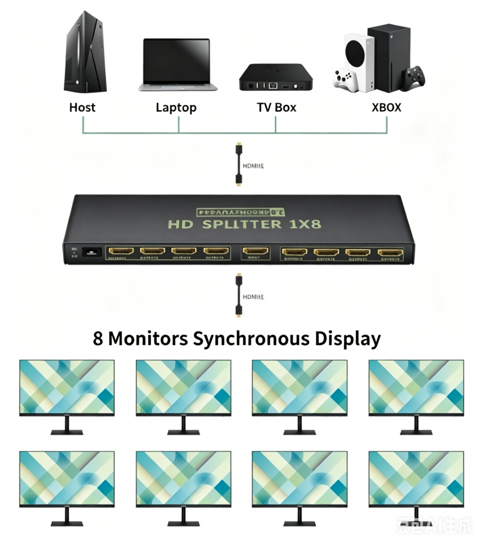 HD Splitter 1 in 2(1x4,1x8) Out,up to 4K @ 60Hz 4:4:4 HDMI Splitter,Multi Resolution Output,HDMI 2.0& HDCP 2.2,EDID Control,3D CEC Support,18 Gbps, Easy Plug and Play-EX52-A-0-BK(XHV102)