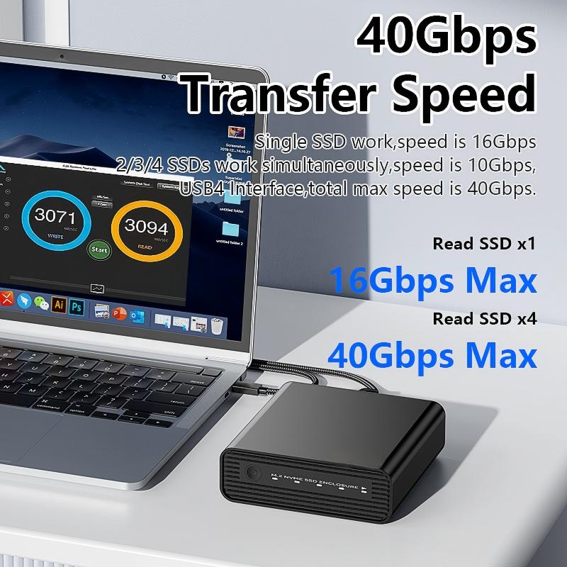 Aluminum M2 4-Bay USB4 External NVME SSD Enclosure M.2 NVME 4 Bay 40Gbps M.2 NVME RAID SSD Enclosure Case with Cooling Fan (RAID Function)-DB2804U4