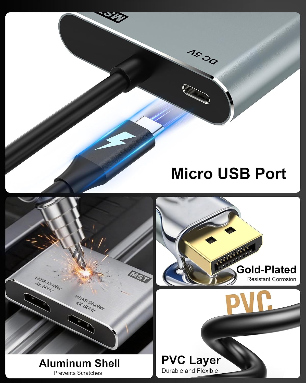 DisplayPort Male to Dual HDMI Female Splitter Adapter, 4K@60Hz HDMI Splitter Extended Display 1 in 2 Out MST Hub for Dual Monitors, Compatible with PC, NVIDIA, AMD Graphic Card