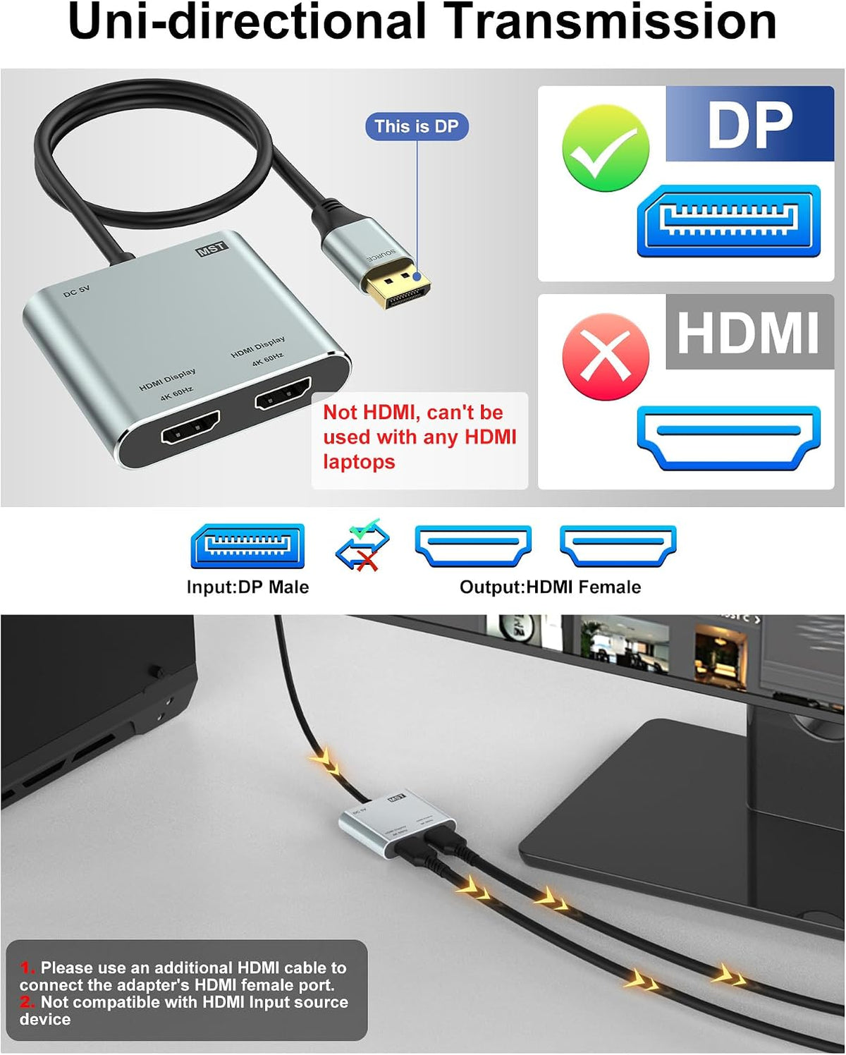 DisplayPort Male to Dual HDMI Female Splitter Adapter, 4K@60Hz HDMI Splitter Extended Display 1 in 2 Out MST Hub for Dual Monitors, Compatible with PC, NVIDIA, AMD Graphic Card