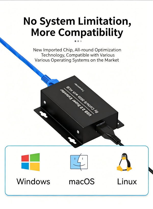 USB Extender Over Ethernet USB 2.0 HUB RJ45 Cat5e/6, 196ft/60m, up to 480Mbps Transfer Rate No Driver Required Supports POC Power Supply, Supports Connecting Keyboard Mouse U Disk Printer etc.-EX55-A-0-BK(XHU01)
