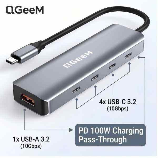 QGeeM USB C Hub 10Gbps, 5 Ports PD100W,USB-C/A 3.2 Data Only Adapter, High Speed Multiport Splitter for MacBook Air/Pro, iMac, iPad Pro, iPhone 15/15 Pro, Galaxy S23, and More