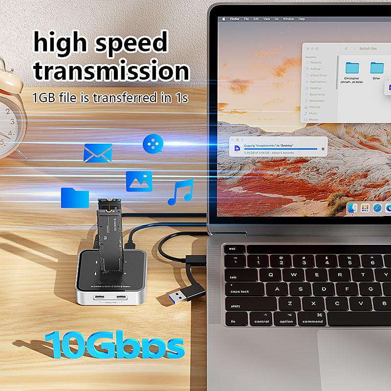 Dual Bay M.2 NVMe & SATA SSD Enclosure – 10Gbps USB 3.2 Hub Docking Station, Up to 16TB, Plug & Play with Storage Case