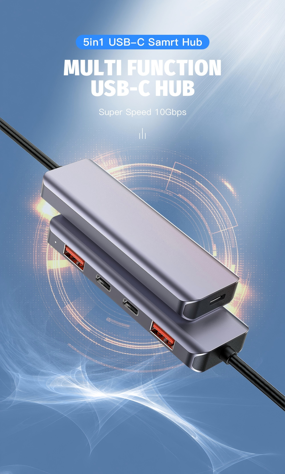 QGeeM USB C Hub 5-in-1 Docking Station 10Gbps USB3.2Gen2 with 100W PD Flash Charging USB-A+USB-C for Laptop MacBook Pro/Air