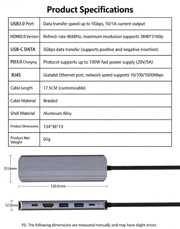 QGEEM USB C 6 in 1 Docking Station Gigabit RJ45 HDMI4K60Hz 100W PD 2xUSB3.0 5Gbps Data Hub Adapter for Laptop