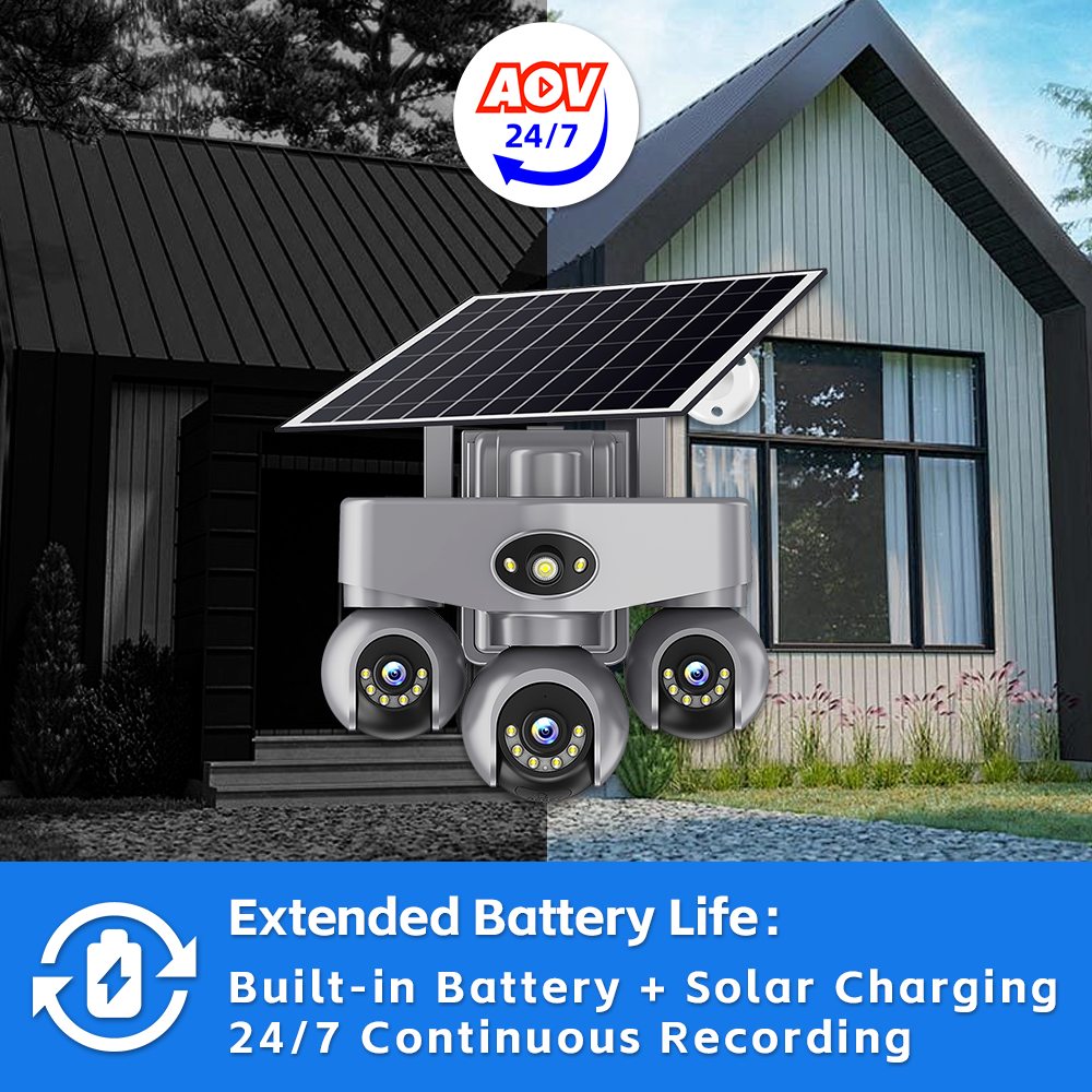 AOV 6MP 3 Lens PTZ AI Solar Powered CCTV Camera - 360° Outdoor WiFi Security Camera with 2-Way Audio, Motion Detection, and Solar Panel for Continuous Surveillance