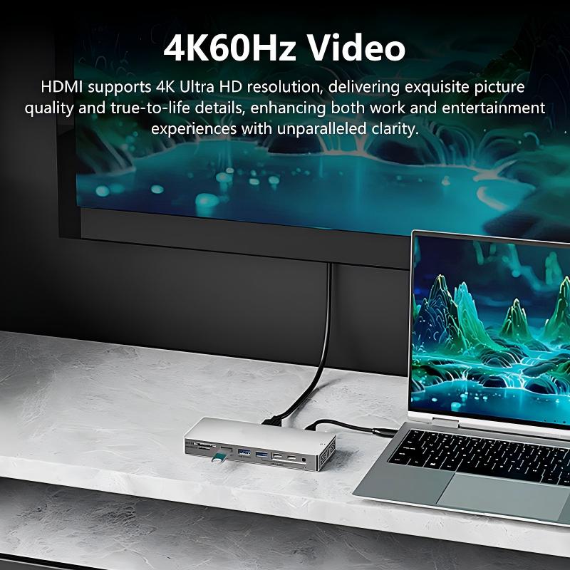 14 in 1 Type C Hub Docking Station with 4K 60Hz HDMI 1000M RJ45 Adapter 10Gbps USB 3.2 Hub SD TF Reader 3.5mm Audio PD100W Compatible with Laptop-HC1406