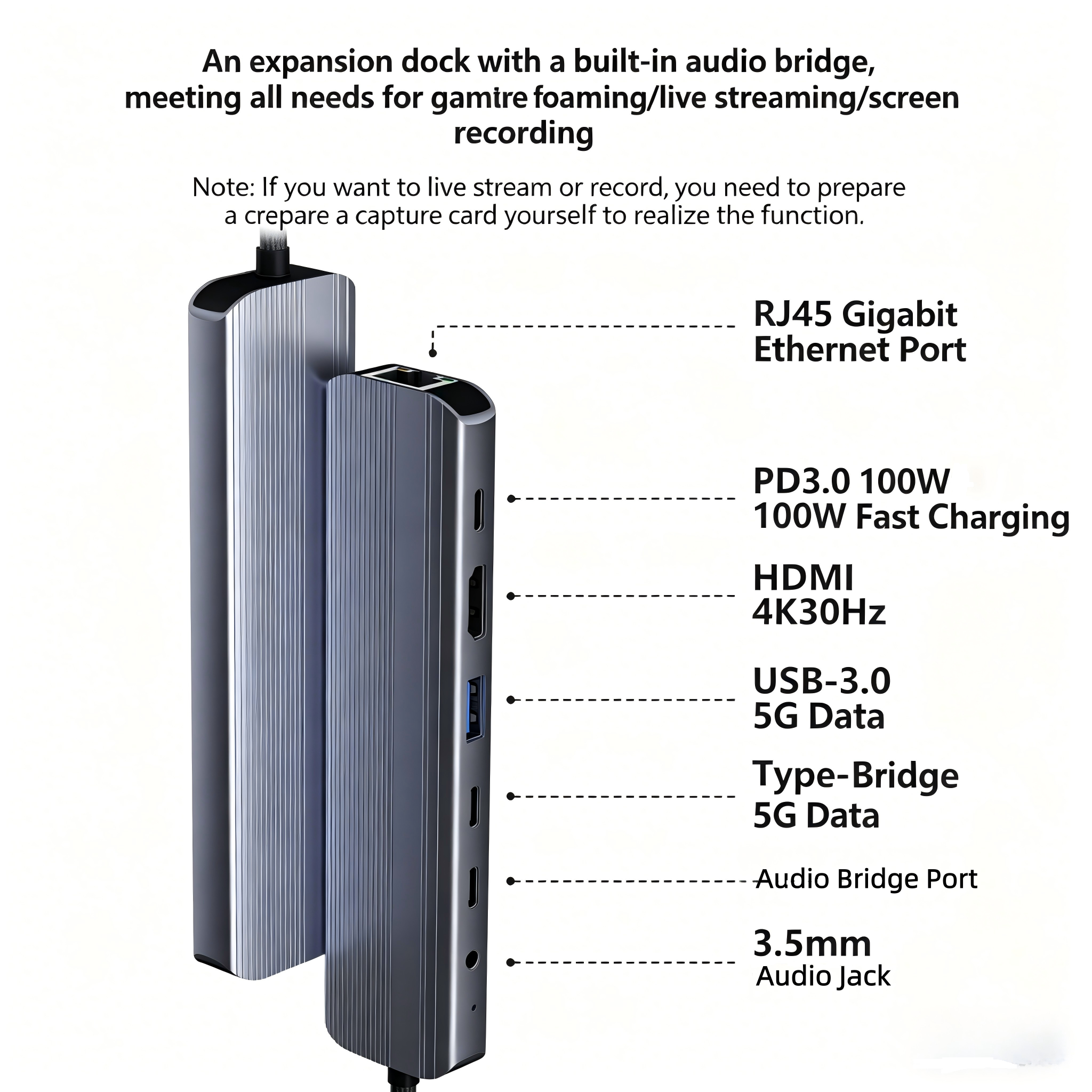 QGeeM 7 in 1 Hub with Built-in Audio Bridge HDMI 4K30Hz 100W PD RJ45 1000Mbps 5Gbps 3.5mm Audio-UH07-1D