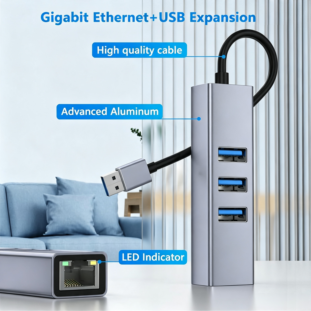 USB 3.0 to Ethernet Adapter,3*USB 3.0 Hub with RJ45 10/100/1000 Gigabit Ethernet Adapter Support Windows 10,8.1,Mac OS, Surface Pro,Linux,Chromebook and More