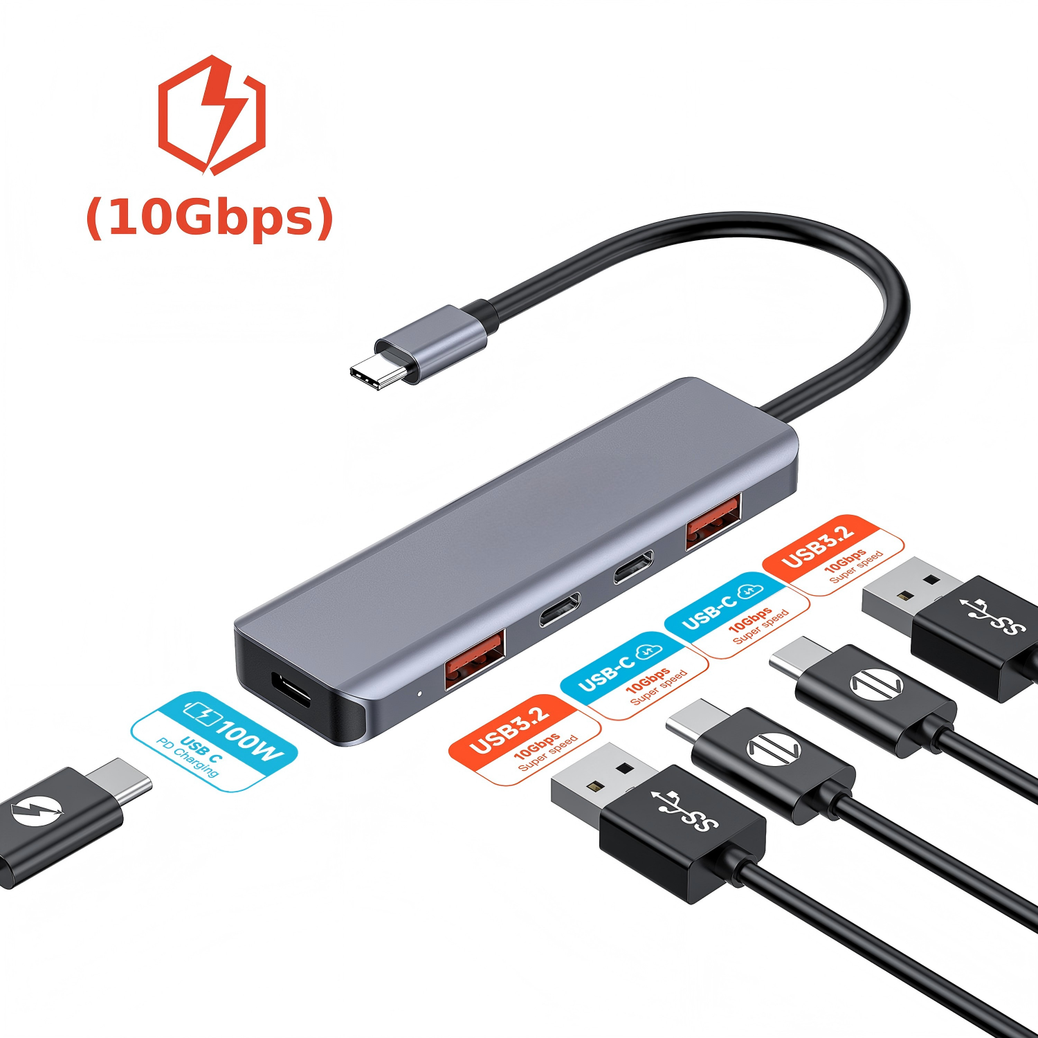 QGeeM USB C Hub 5-in-1 Docking Station 10Gbps USB3.2Gen2 with 100W PD Flash Charging USB-A+USB-C for Laptop MacBook Pro/Air