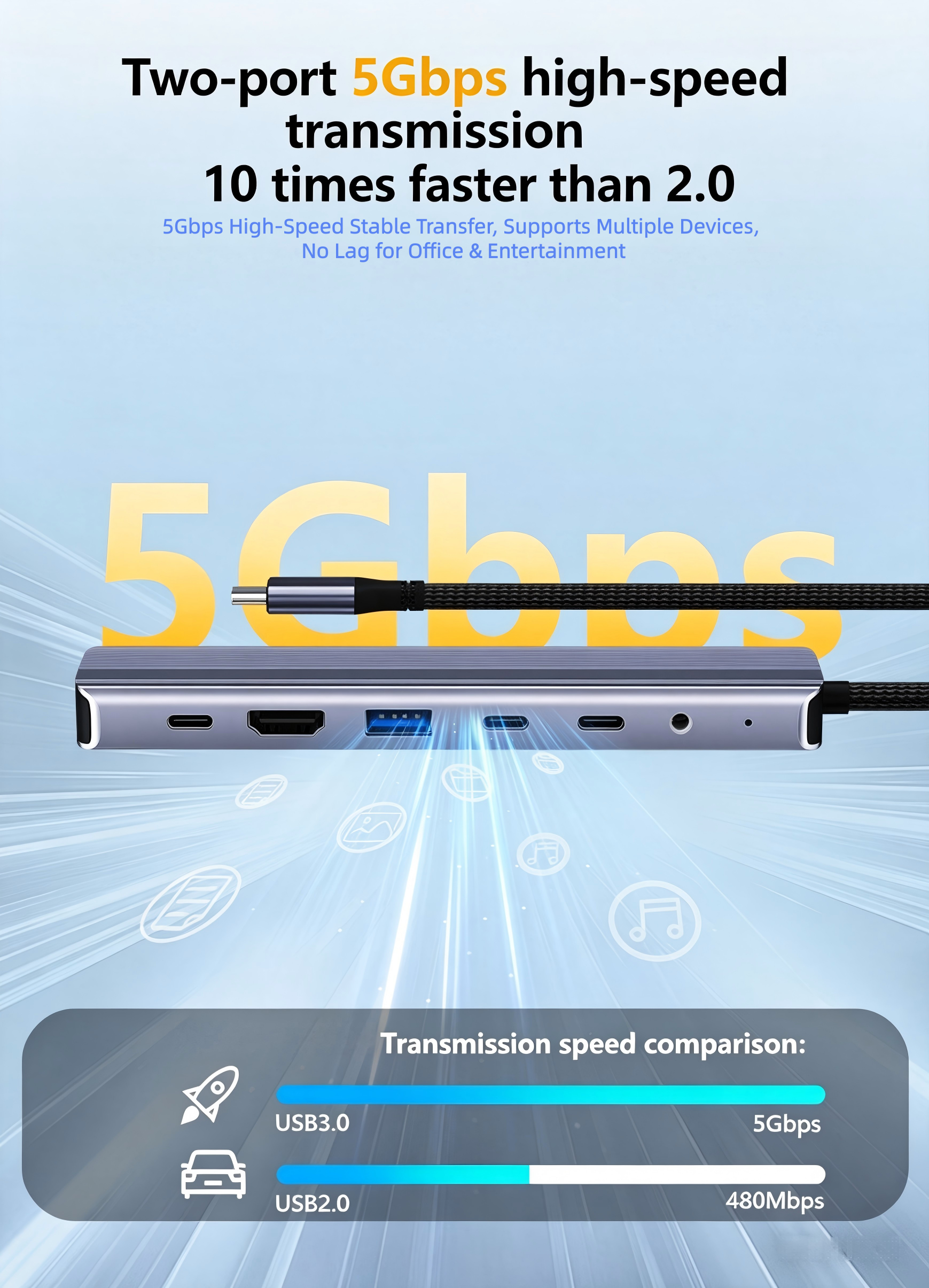 QGeeM 7 in 1 Hub with Built-in Audio Bridge HDMI 4K30Hz 100W PD RJ45 1000Mbps 5Gbps 3.5mm Audio-UH07-1D